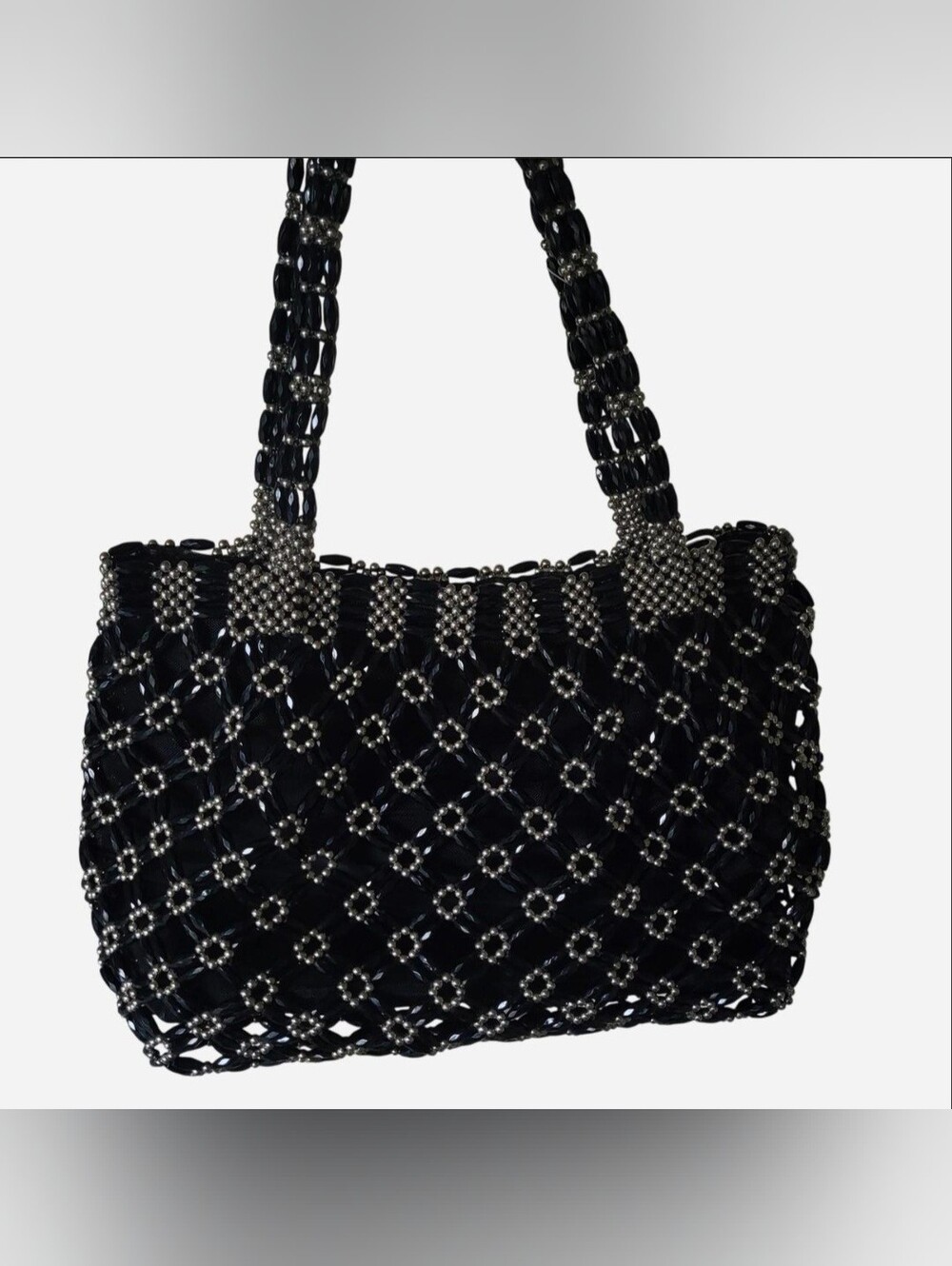 Handmade Beaded Black Handbag with Silver Accents 90s Style